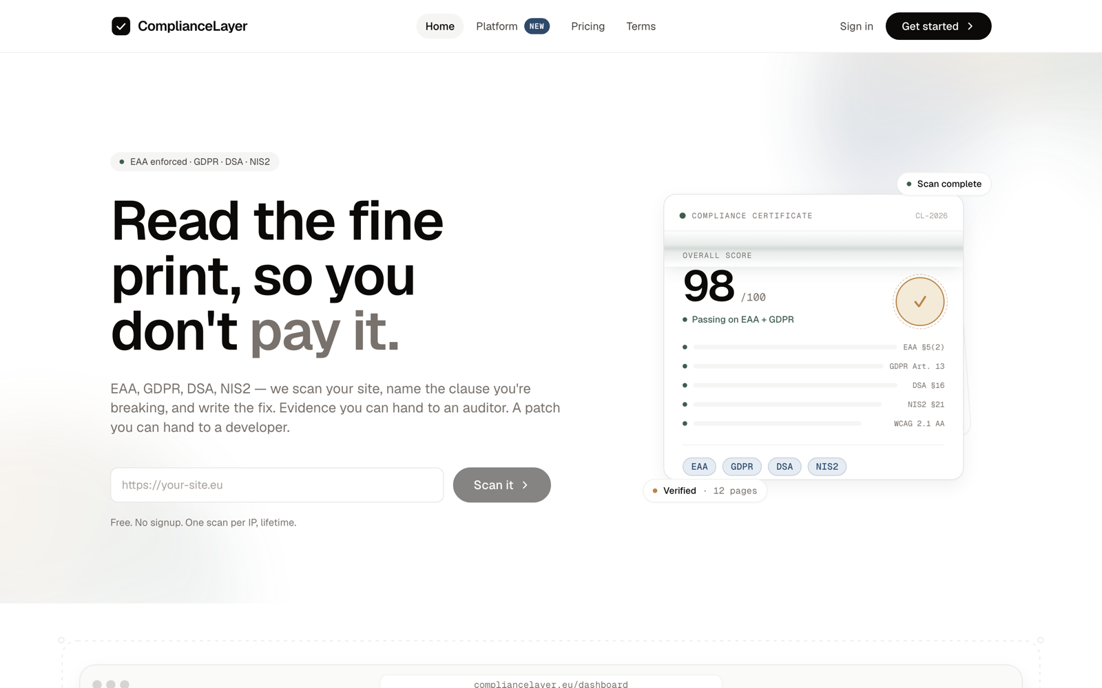 ComplianceLayer, a live EU compliance scanner